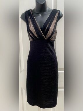 London Times Black Sleeveless Illusion Polka-Dot V-Neck Dress